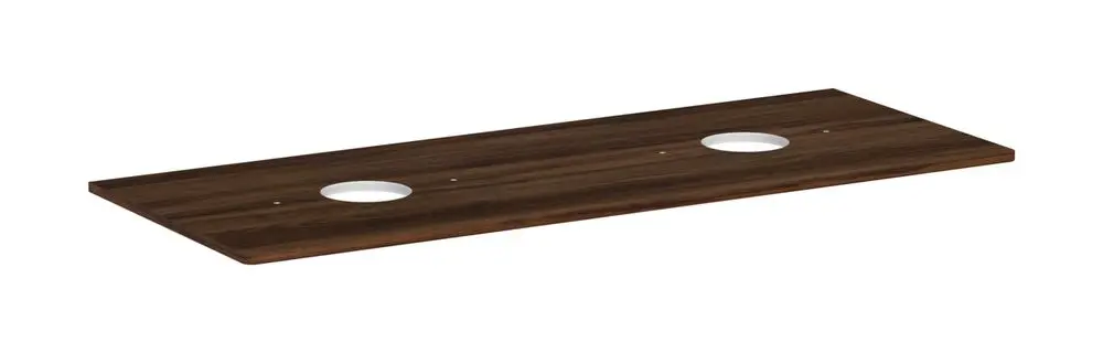 Konsole mit zwei runden Ausschnitten für Aufsatzwaschtisch, aus Holz in dunkler Nussbaum-Optik, designed von Hansgrohe.